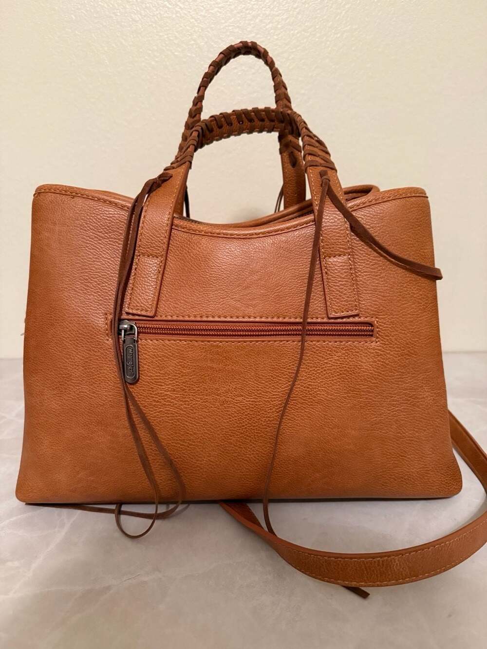 Wrangler Brown Leather Satchel Tote Handbag with Braided Handles and Star Charm - Picture 3 of 4